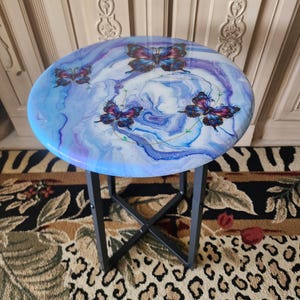 Hand-Painted Butterfly Pine Wood Table, Resin Epoxy Finish Side Table image 3
