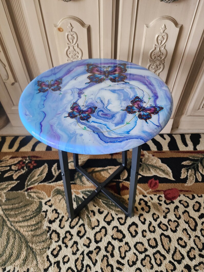 Hand-Painted Butterfly Pine Wood Table, Resin Epoxy Finish Side Table image 3