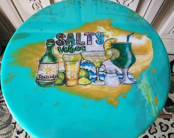 SALTY VIBES Round Wood Side Table with Resin Top  Patio Furniture