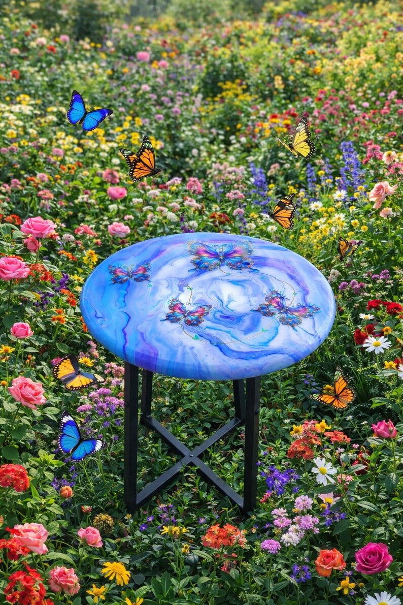 Hand-Painted Butterfly Pine Wood Table, Resin Epoxy Finish Side Table image 13