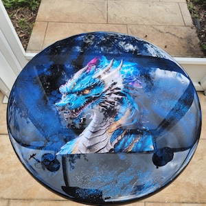 Mystical Dragon Side Table: Acrylic Painted Pine, Resin Finish, Patio Table, Gift