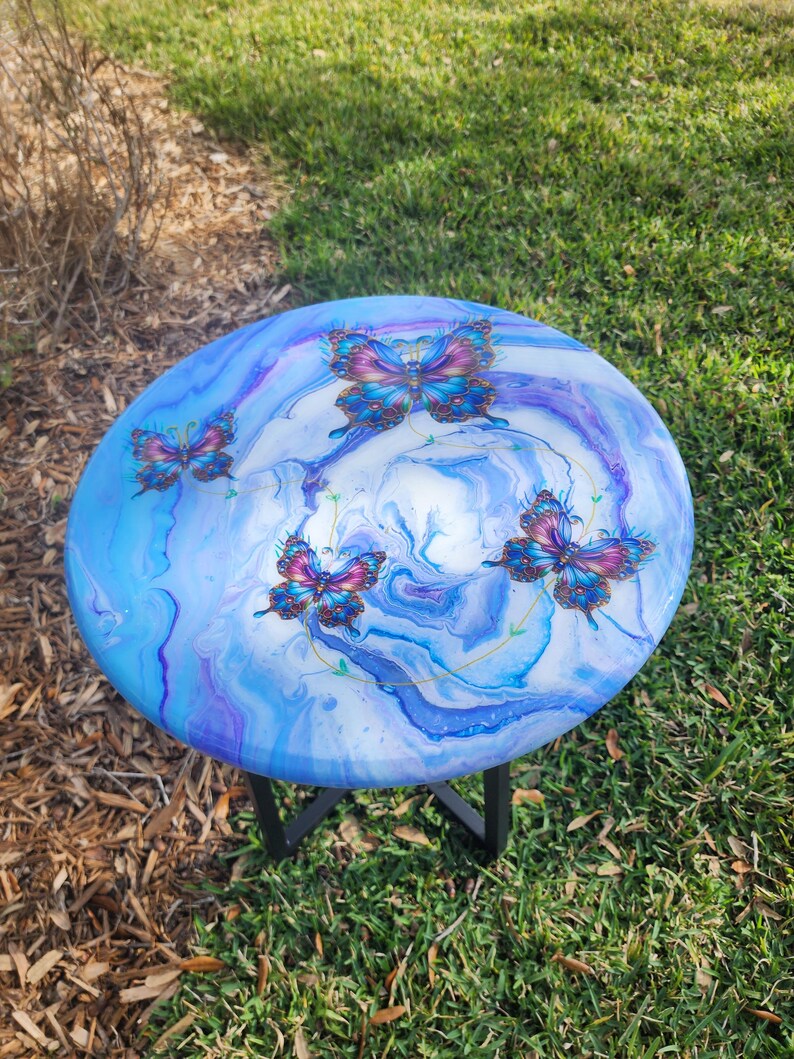 Hand-Painted Butterfly Pine Wood Table, Resin Epoxy Finish Side Table image 4