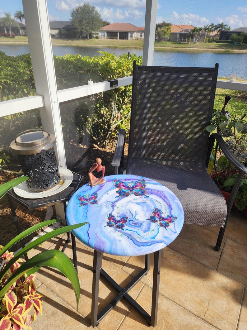 Hand-Painted Butterfly Pine Wood Table, Resin Epoxy Finish Side Table image 10