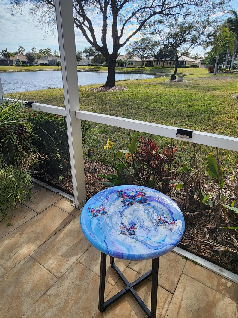 Hand-Painted Butterfly Pine Wood Table, Resin Epoxy Finish Side Table image 7