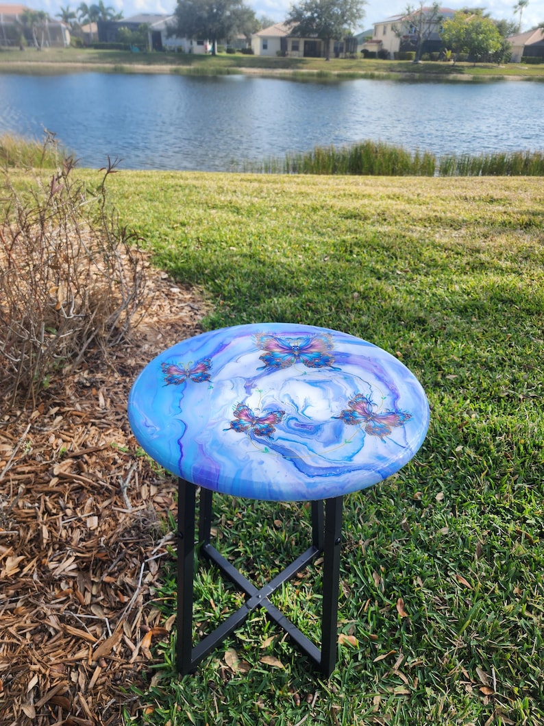 Hand-Painted Butterfly Pine Wood Table, Resin Epoxy Finish Side Table image 6