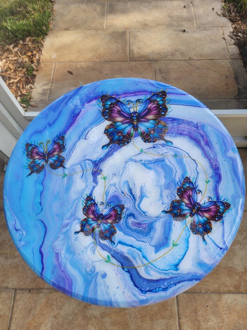 Hand-Painted Butterfly Pine Wood Table, Resin Epoxy Finish Side Table image 9