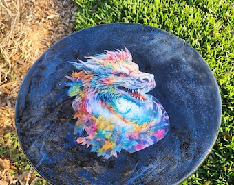 Mystical Dragon Side Table: Acrylic Painted Pine, Resin Finish, Patio Table, Gift
