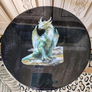 Mystical Dragon Side Table: Acrylic Painted Pine, Resin Finish, Patio Table, Gift