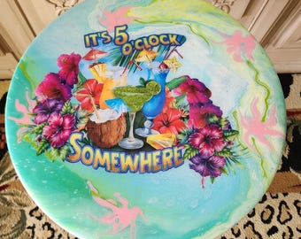 Five O'Clock Somewhere Theme Side Table: Resin Coated Pine, Metal Base