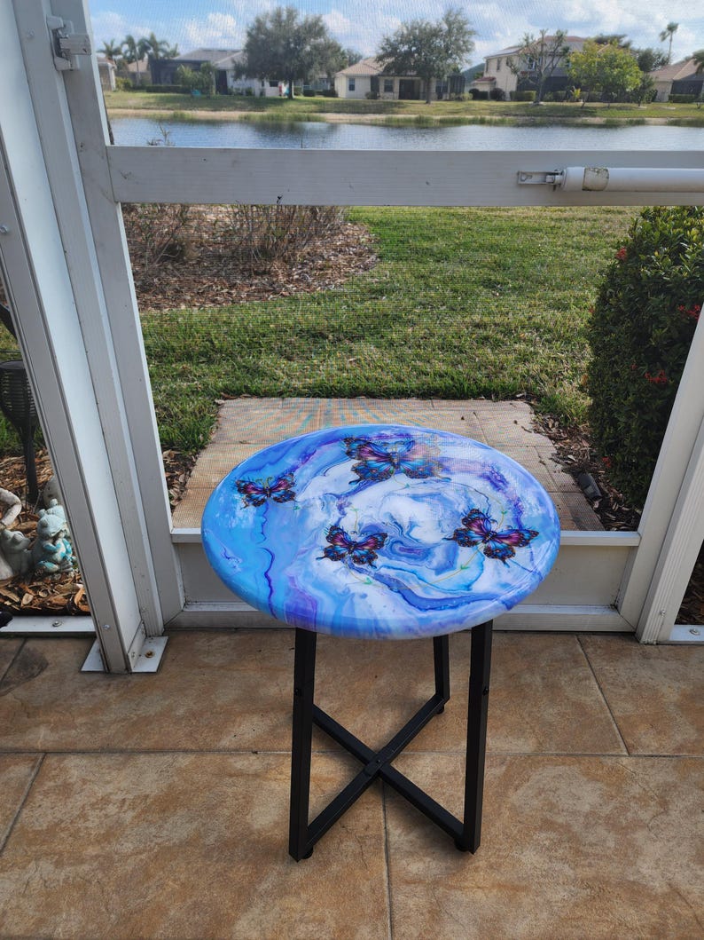 Hand-Painted Butterfly Pine Wood Table, Resin Epoxy Finish Side Table image 12