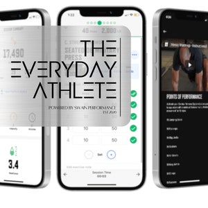 May include: A screenshot of a mobile app called "The Everyday Athlete" powered by Swain Performance. The app features a workout routine with a seated military press exercise. The app also includes a timer, a set counter, and a points of performance section.