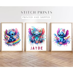 Láminas de acuarela de Stitch - Juego de 3 / Decoración infantil colorida para la pared / Arte para la habitación del bebé de Lilo y Stitch / Láminas inspiradas en Disney para la habitación de los niños