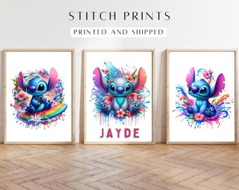 Stitch Watercolour Art Prints - Set of 3 | Colourful Children's Wall Decor | Lilo and Stitch Nursery Art | Disney Inspired Kids Room Prints