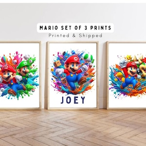Juego de 3 impresiones personalizadas de Mario, fondo de salpicaduras, decoración colorida para habitación de niños, impresiones de pared, dormitorio, pósteres de guardería, regalo de Nintendo