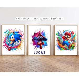 マリオ、ソニックスパイダーマン3枚セットパーソナライズプリント、スプラッシュ背景、カラフルな男の子の部屋の装飾壁プリント、寝室ポスターギフト任天堂