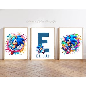 Sonic Set of 3 Prints Watercolour and Paint Splash Design, Colourful Childrens Wall Art Decor, Personalised with name and initial