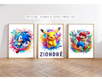 Picachu Sonic & Mario Set of 3 Prints Watercolour and Paint Splash Design, Colourful Childrens Wall Art Decor