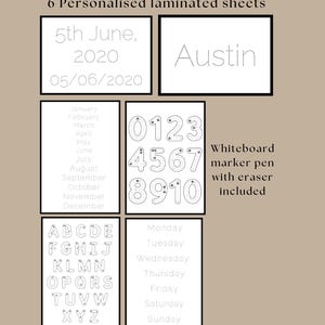 Hojas laminadas de seguimiento de actividades para niños: educativas personalizadas para ayudar a deletrear su nombre, días, meses, números y letras.