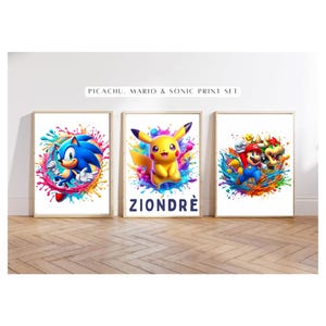 Mario Picachu Set von 3 personalisierte Prints, Splash Hintergrund, bunte Jungenzimmer Dekor, Wanddrucke, Schlafzimmer Poster Geschenk Nintendo