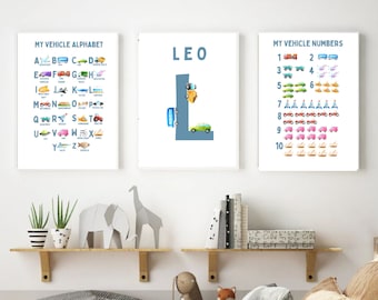 Transporte de vehículos de coche Decoración de la habitación de los niños Decoración de la guardería, Impresiones de pared, carteles, Conjunto de 3 impresiones, Azul verde salvia educativo personalizado