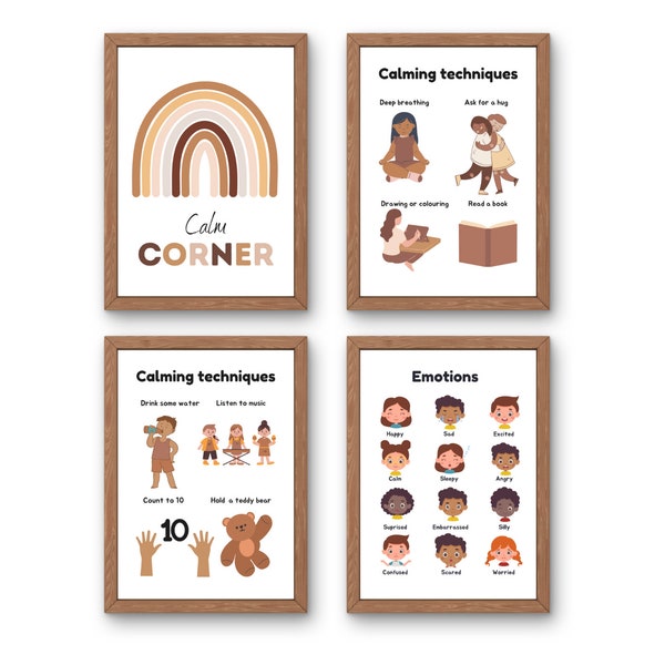 Calm Corner Posters Classroom Wall Children's Wall Art Bedroom Playroom Calming Techniques, Neutral, Rainbow, Scandi, Beige, Minimal Decor