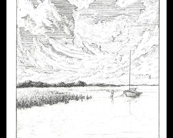 Sailboat in Marsh Archival 4x4 print