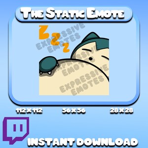 Op de afbeelding: Digitale afbeelding van een slapend stripfiguur met gesloten ogen en een lichtbeige lichaam. De afbeelding bevat de tekst "The Static Emote", "Expressive Emotes" en "Instant Download". De afbeelding staat in een blauwe lijst.