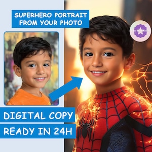 Geburtstagsgeschenk, individuelles Superhelden-Portrait vom Sohn Foto, personalisiertes Spiderman-Portrait, Kinder-Superhelden-Portrait, Fertig in 24 Stunden
