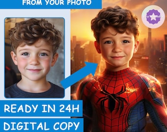 Birthday Superhero Gift for Son, Custom Portrait from Photo, Personal Gift SpiderMan Portrait, Kids Superhero Portrait, Son Birthday Gift