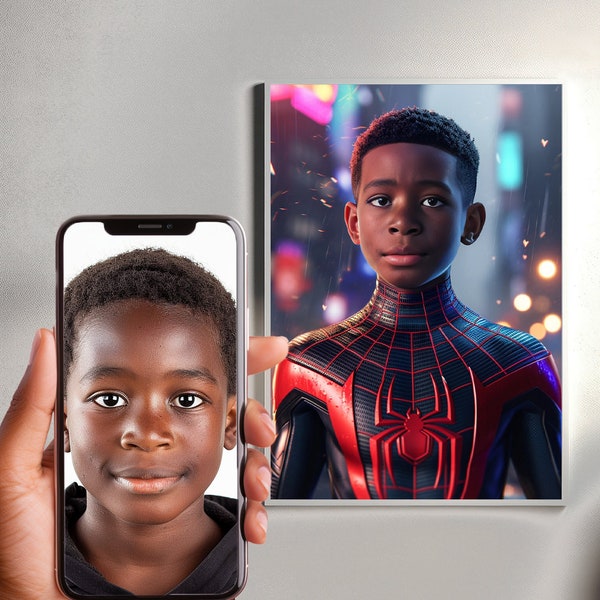 Ritratto regalo per il figlio, regalo di compleanno, Miles Morales, figlio, tela, stampa digitale personalizzata, regalo di Spiderman, supereroe, ritratto di Spiderman