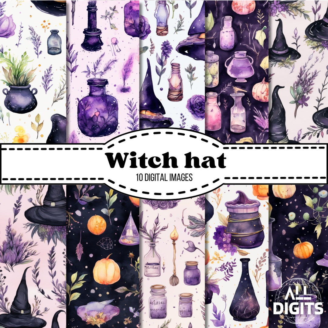 Witch Hat Digital Paper, 10 Printable Paper, Halloween Seamless Pattern ...