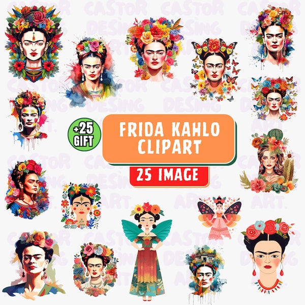 Frida Watercolor Cliparts, mexican flowers, floral clipart, feminine clipart, Botanical Frida PNG, Portrait Clipart Bundle, frida kahlo png