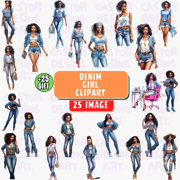 Denim girl clipart, Curvy girl clipart, Fashion girl clipart, Jeans Girl Clipart, African American clipart, Afro girls clipart png