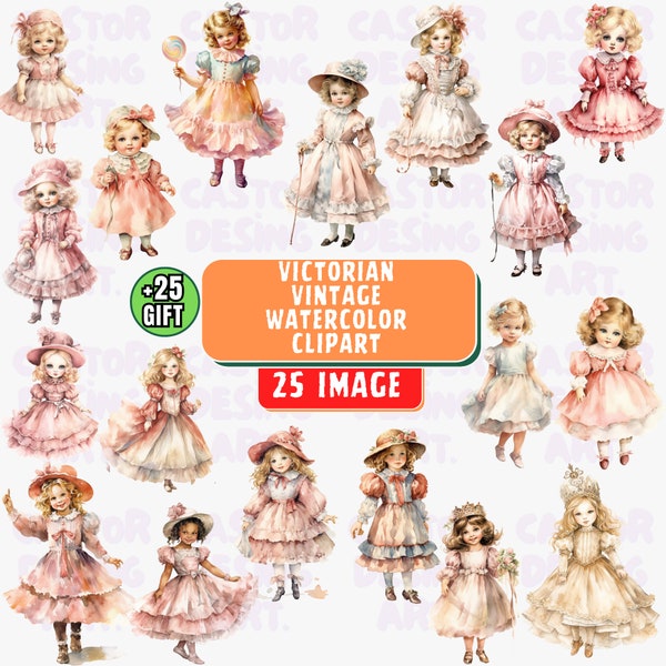 Victorian Vintage Girl Clipart, Vintage kid wearing pink dress watercolor clipart, Victorian kid flower, Victorian children illustration