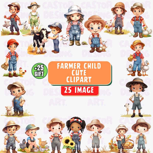 Cartoon kids clipart, Cute Farm Children Clipart, Farm Animals Watercolor Digital Clipart, Farm Animals, Kids Safari Clipart, Kids Png