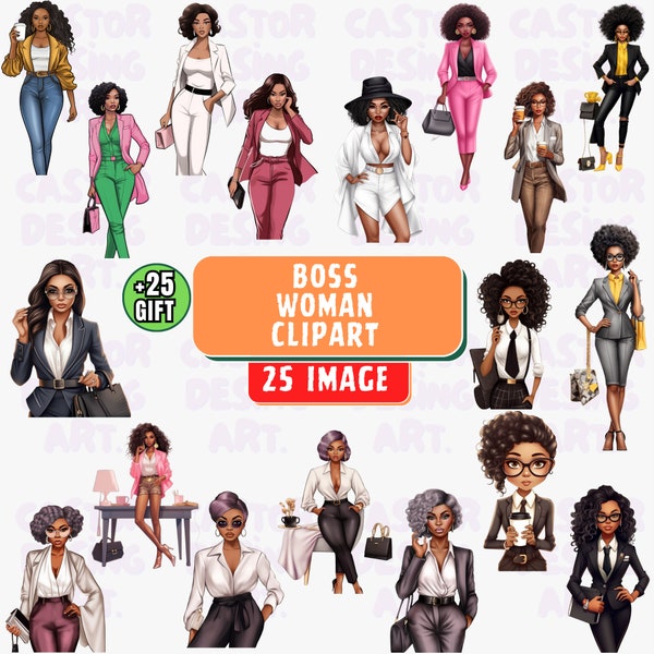 Black Girl Boss Clipart, Boss Babe Clipart, Lady Boss Clipart Bundle, Print Fashion PNG, Fashion Girl Illustration, Business Woman Clipart