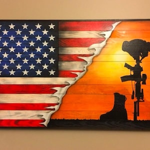 Military Memorial Wooden Flag Fallen Solider Flag Rustic Wood Hand Painted Torn American Flag Wood American Flag Veteran Gift