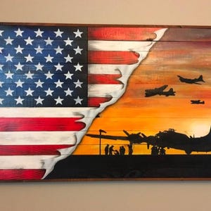 WW2 American Flag B-17 Flag Wood Flag Wooden Flag Aviation Gifts Pilot Gifts Wood Hand Painted Torn American Flag