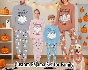 Ghost Pajama Set with Custom Name, Personalized Spooky Season Family Matching Loungewear, Long Sleeve Halloween Pjamas