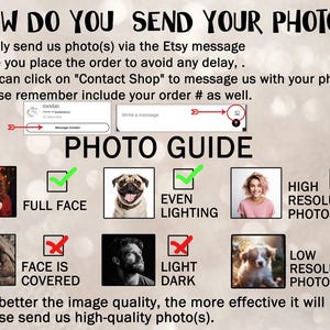 May include: A guide on how to send photos via Etsy messages, with examples of good and bad photo qualities. Includes tips on full-face shots, even lighting, and high-resolution photos for optimal results.