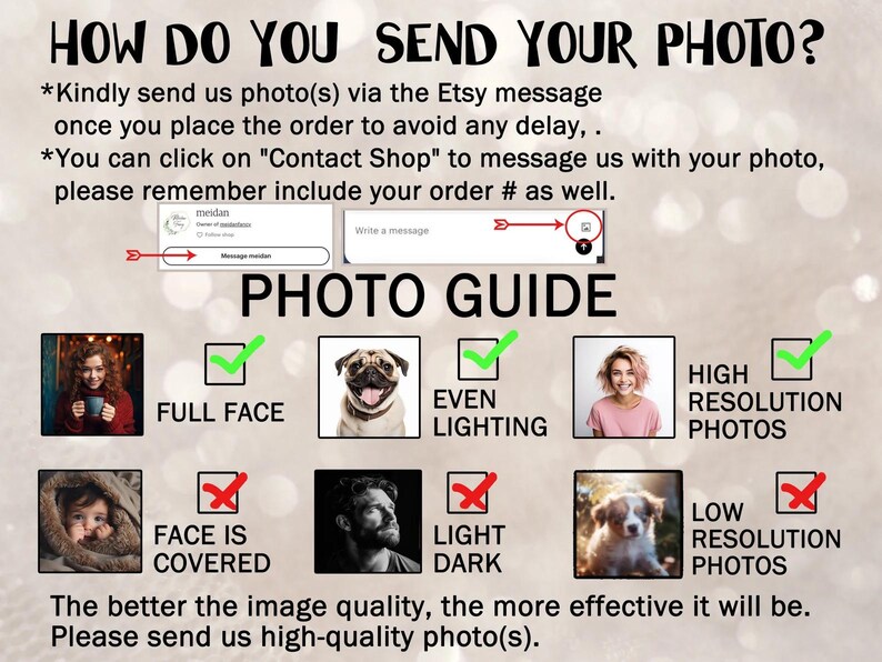 May include: A guide on how to send photos via Etsy messages, with examples of good and bad photo qualities. Includes tips on full-face shots, even lighting, and high-resolution photos for optimal results.