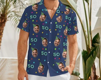 Custom 50th Birthday Hawaiian Shirt for Men Women, Personalized Photo Beach Shirt
