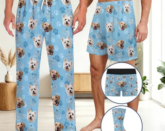 Custom Pet Face Pajama Pants, Personalized Dog Cat Photo Pj Bottom, Gift for Dad Husband