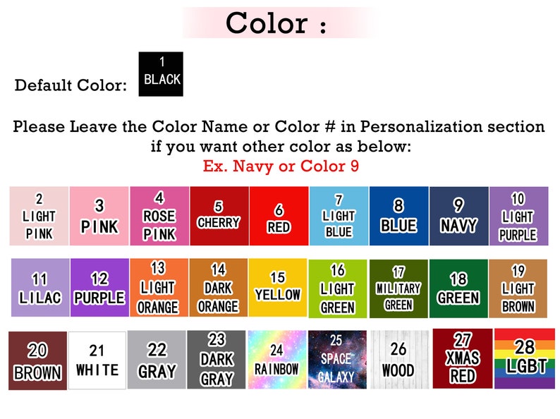 K&ouml;nnte beinhalten: Eine Tabelle mit 28 verschiedenen Farboptionen f&uuml;r ein Produkt. Die Farben sind mit Nummern und Namen gekennzeichnet, wie z. B. "Hellrosa", "Marineblau" und "Regenbogen".