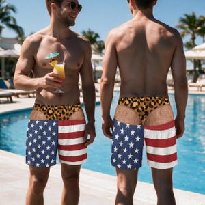 May include: Swim trunks featuring a split design with a leopard print waistband and a lower section patterned with the American flag, including white stars on a blue field and horizontal red and white stripes, shown from front and back views.