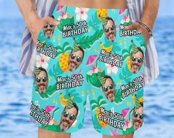 Personalized Birthday Swim Trunks, Custom Face Men's Beach Shorts, 50th Birthday Party Gift