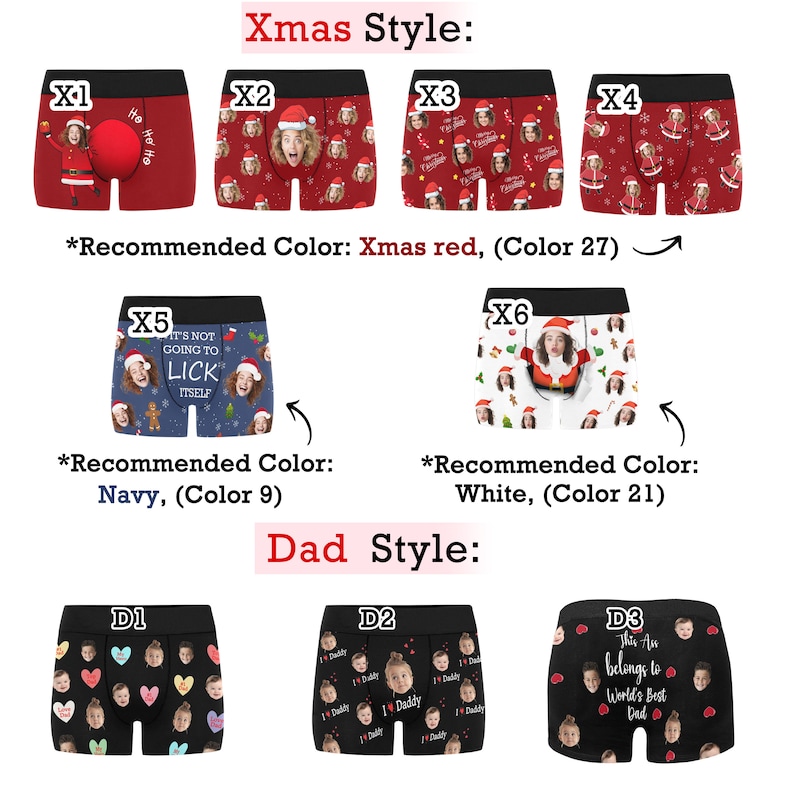 K&ouml;nnte beinhalten: Sechs verschiedene Designs f&uuml;r Boxershorts mit verschiedenen Weihnachts- und Vater-Motiven. Die Designs beinhalten den Weihnachtsmann, einen Lebkuchenmann, einen Weihnachtsbaum und ein Herz mit dem Wort "Papa".