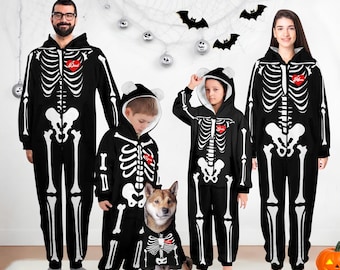 Custom Matching Skeleton Onesie Pajamas, Flannel Hooded Zippered Family Sleepwear Set, Funny Halloween Costume for Adults Kids & Dogs