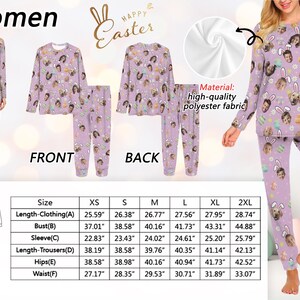 May include: Lavender pajama set with a repeating pattern of faces, bunny ears, and Easter eggs. The set includes a long-sleeved top and pants. The text "Women" and "Happy Easter" are visible.