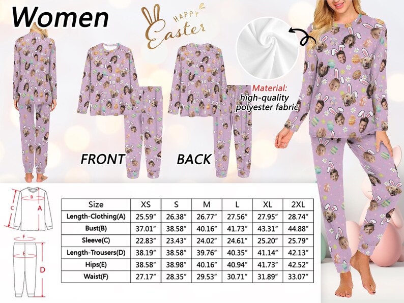 May include: Lavender pajama set with a repeating pattern of faces, bunny ears, and Easter eggs. The set includes a long-sleeved top and pants. The text "Women" and "Happy Easter" are visible.